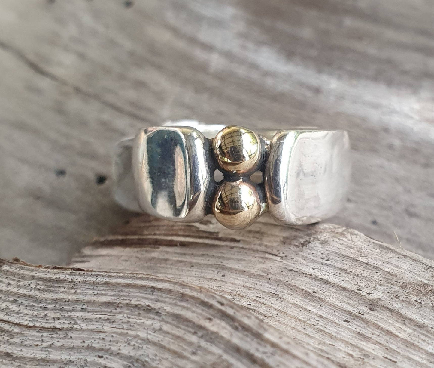 Gold and silver ring,9k gold ball,sterling silver band,mixed metal ball ring,silver&gold wedding,boho,handmade,retro,steampunk,bespoke