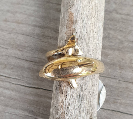 gold dolphin ring,solid 9K gold not plated,wrap around porpous,surf,marine,boho,gypsy,new age,