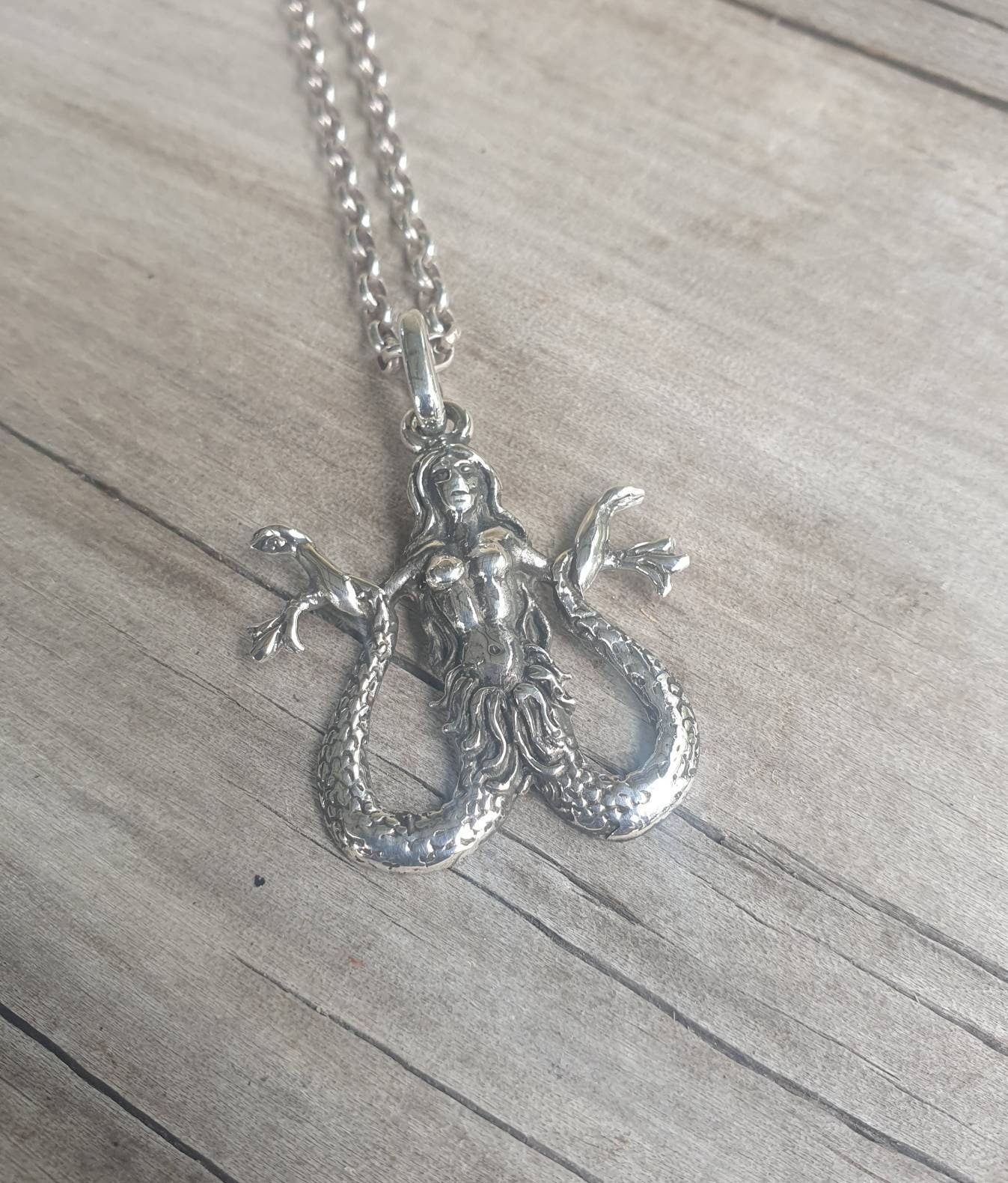 Mermaid pendant,sterling silver,Melusine,Melusina,kracken,mythical,goddess,handmade,sailor,naked lady,nude, mythology,boho,gypsy,folk lore,