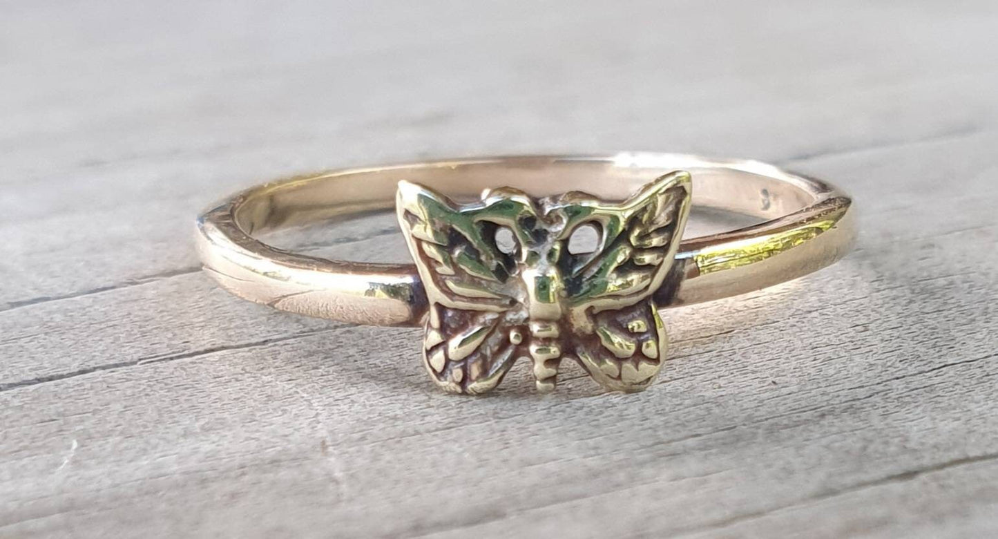 Gold butterfly ring,solid 9k gold Stacker ring,fine,vintage,fine and danity,,boho,pinkie ring