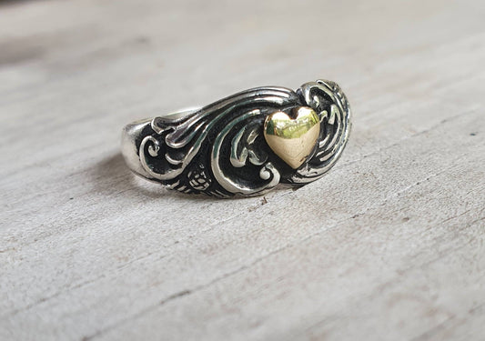 Heart ring,9k Gold and 925 sterling silver,two tone ring,solid 9ct gold heart,sterling silver band,boho,vintage,handmade,goddess,bespoke