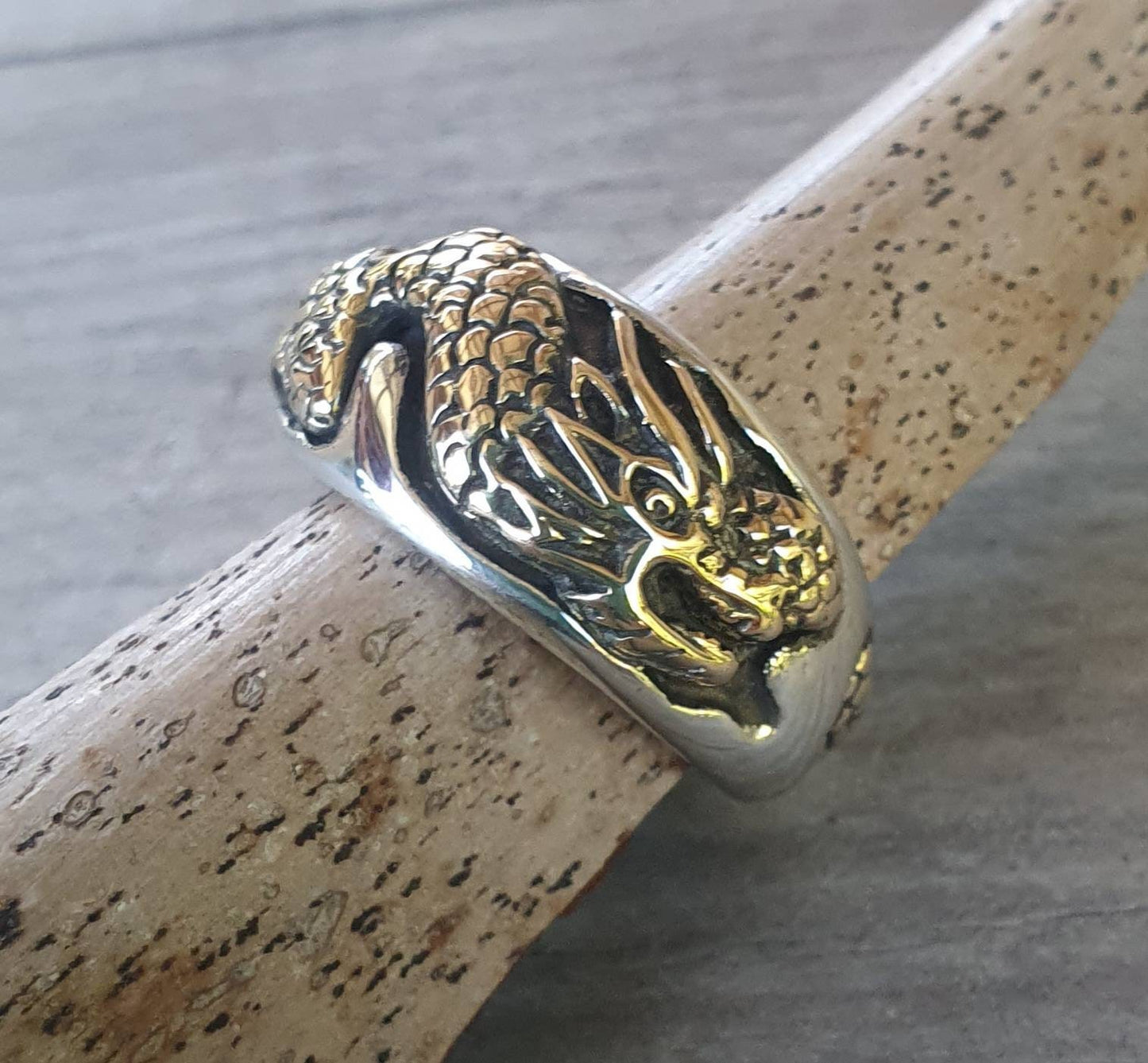 Gold dragon ring,9k gold and 925 sterling silver,Two tone,chinese dragon,mythical,hipster,steampunk, gothic,wedding,handmade