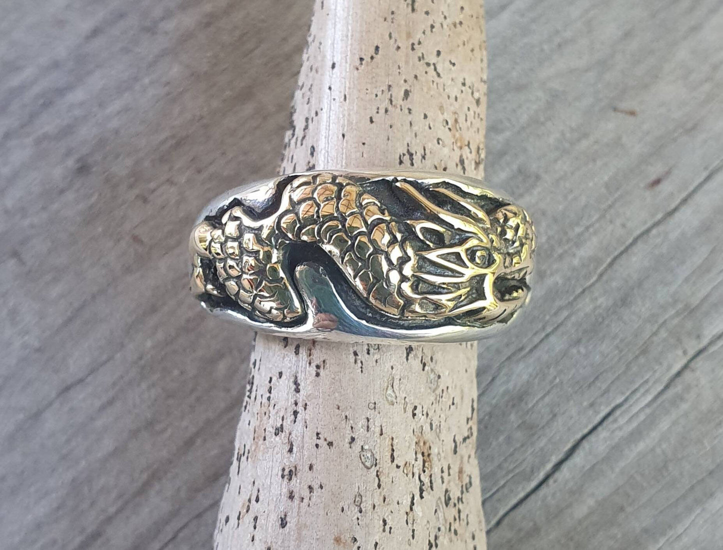 Gold dragon ring,9k gold and 925 sterling silver,Two tone,chinese dragon,mythical,hipster,steampunk, gothic,wedding,handmade
