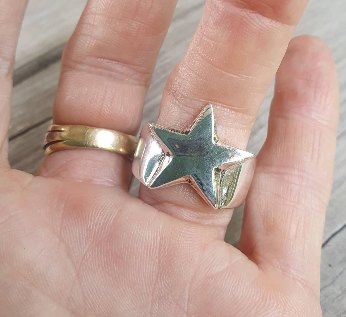 star ring,solid Sterling silver,med,caltex,flat star,5 pointed star,unisex,goddess,boho,chunky,new age,