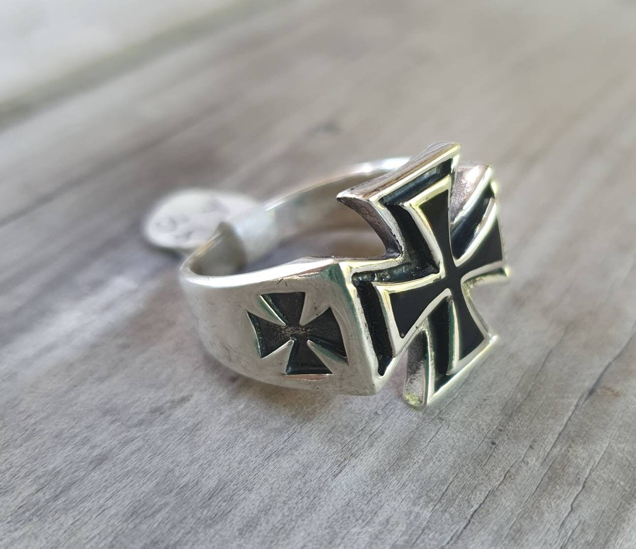 Solid cross ring,sterling silver 925,black enameled,size 12.5 cross,chopper, even cross,solid back ring ,gothic,Celtic cross,knights templar