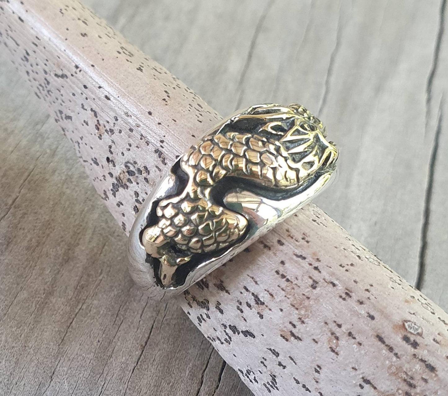 Gold dragon ring,9k gold and 925 sterling silver,Two tone,chinese dragon,mythical,hipster,steampunk, gothic,wedding,handmade