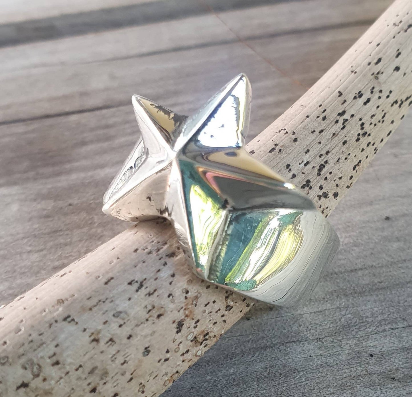star ring,solid Sterling silver,med,caltex,flat star,5 pointed star,unisex,goddess,boho,chunky,new age,