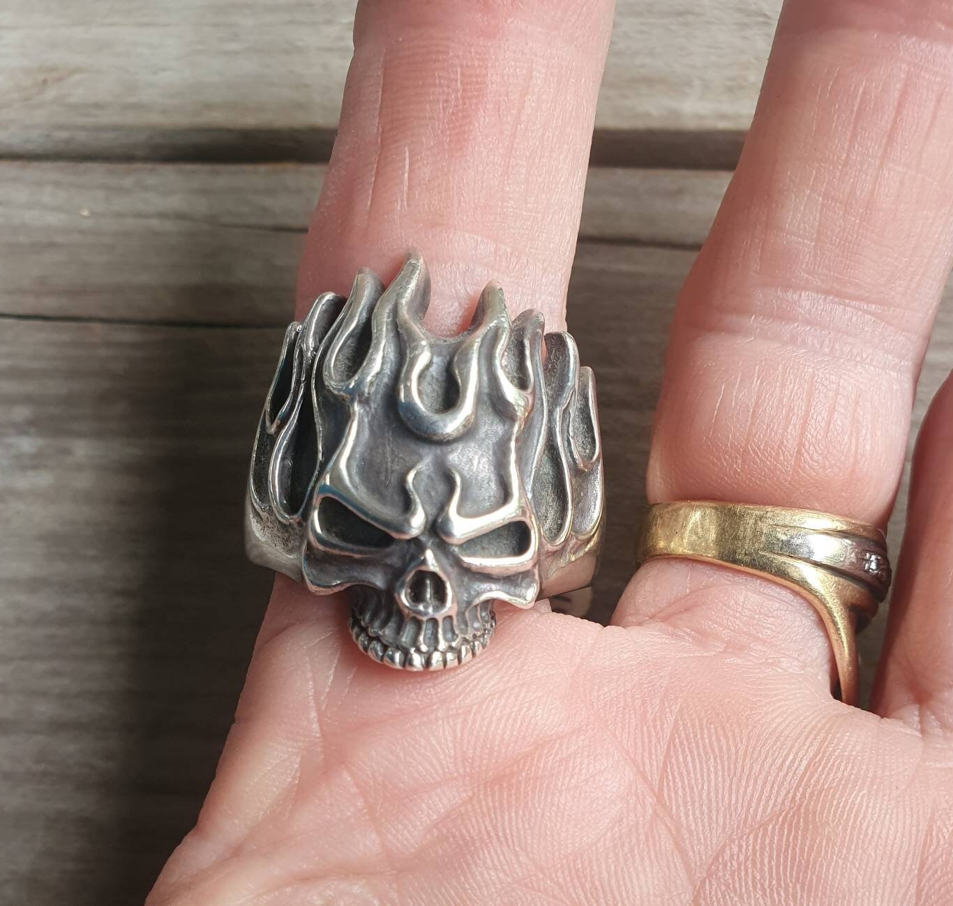 Skull ring,sterling silver,flames,roth style flames,steampunk, gothic, punk, sterling silver,hand made,flat skull,