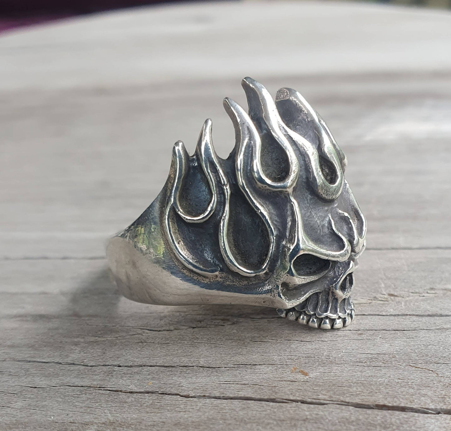 Skull ring,sterling silver,flames,roth style flames,steampunk, gothic, punk, sterling silver,hand made,flat skull,