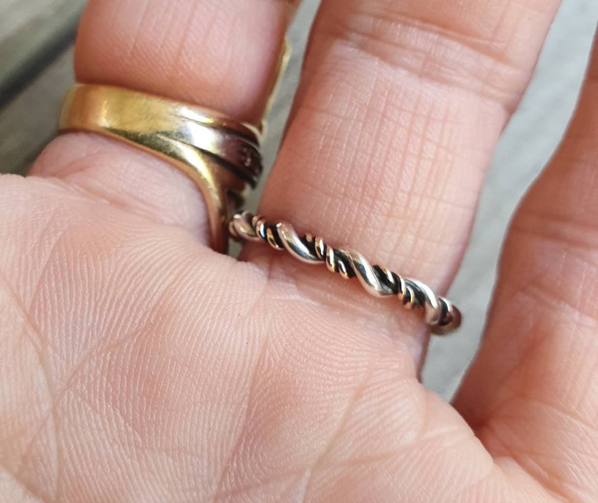 gold twisted ring,two tone,9k gold & sterling silver,handmade twisted wire ring,mixed metals, Stackerable ring,thin solid gold band,fine