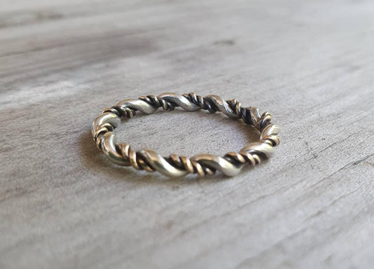 gold twisted ring,two tone,9k gold & sterling silver,handmade twisted wire ring,mixed metals, Stackerable ring,thin solid gold band,fine