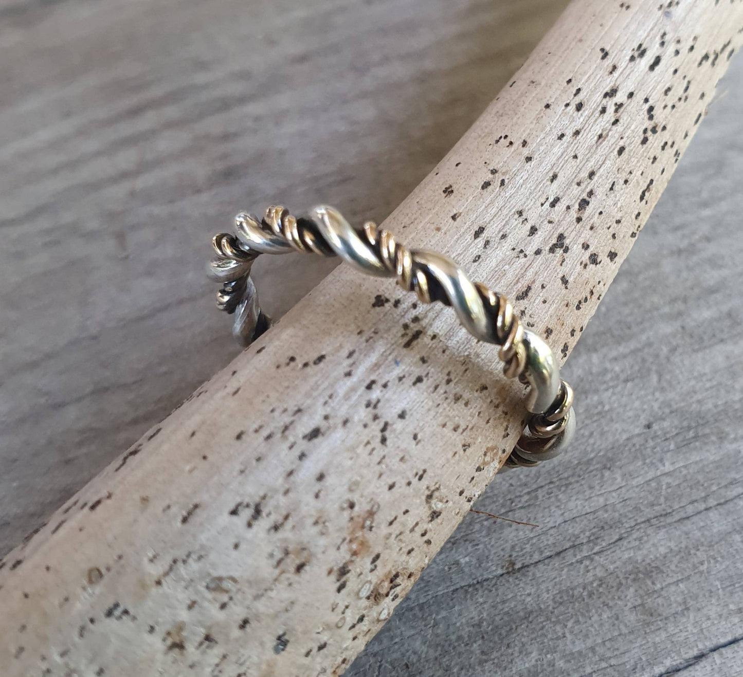 gold twisted ring,two tone,9k gold & sterling silver,handmade twisted wire ring,mixed metals, Stackerable ring,thin solid gold band,fine