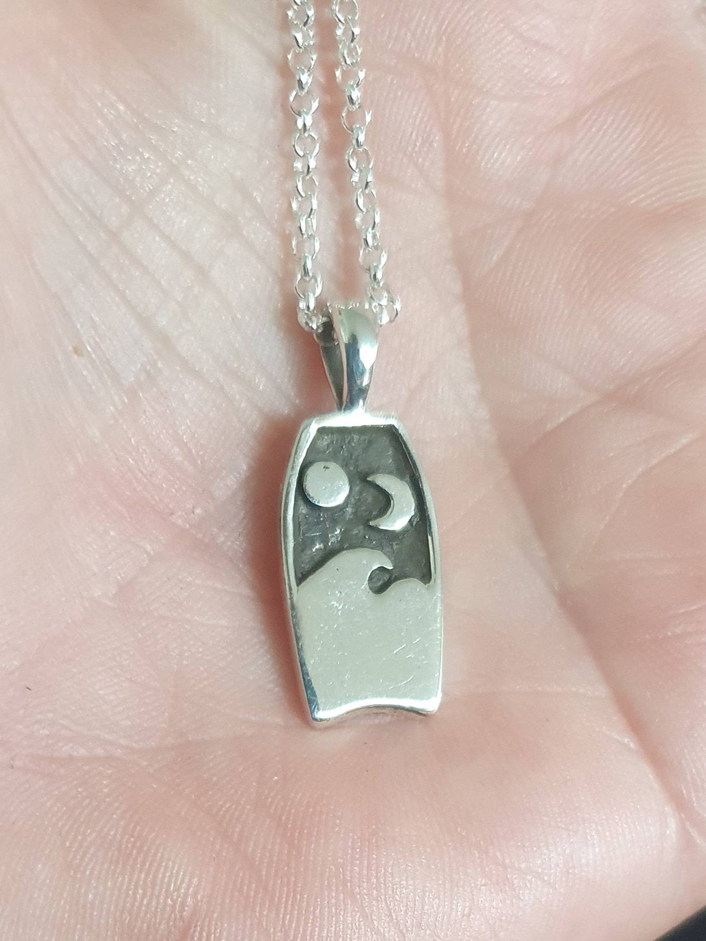 Boogie board,surf,sterling silver,moon,sun,surf wave pendant, wave,surfer, sterling silver,surf charm,enamel jewelry,handmade,