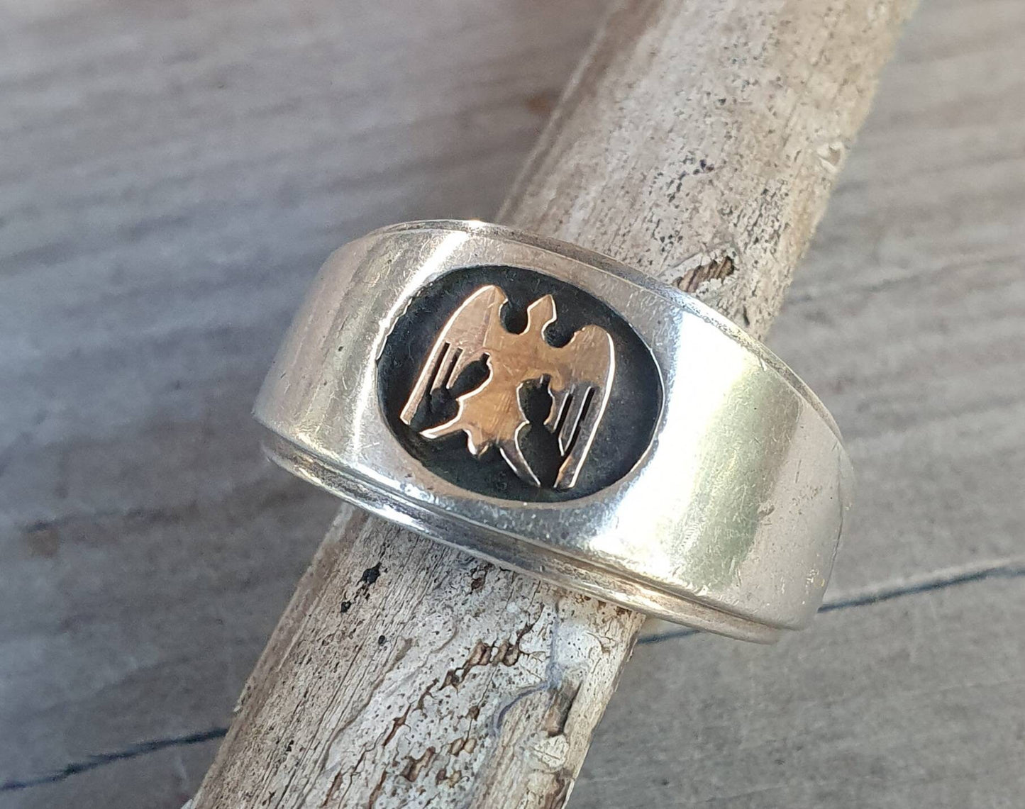 Gold eagle ring,10k phoenix 925 sterling silver band ,two tone wedding,gold eagle,mans dress ring,steampunk,