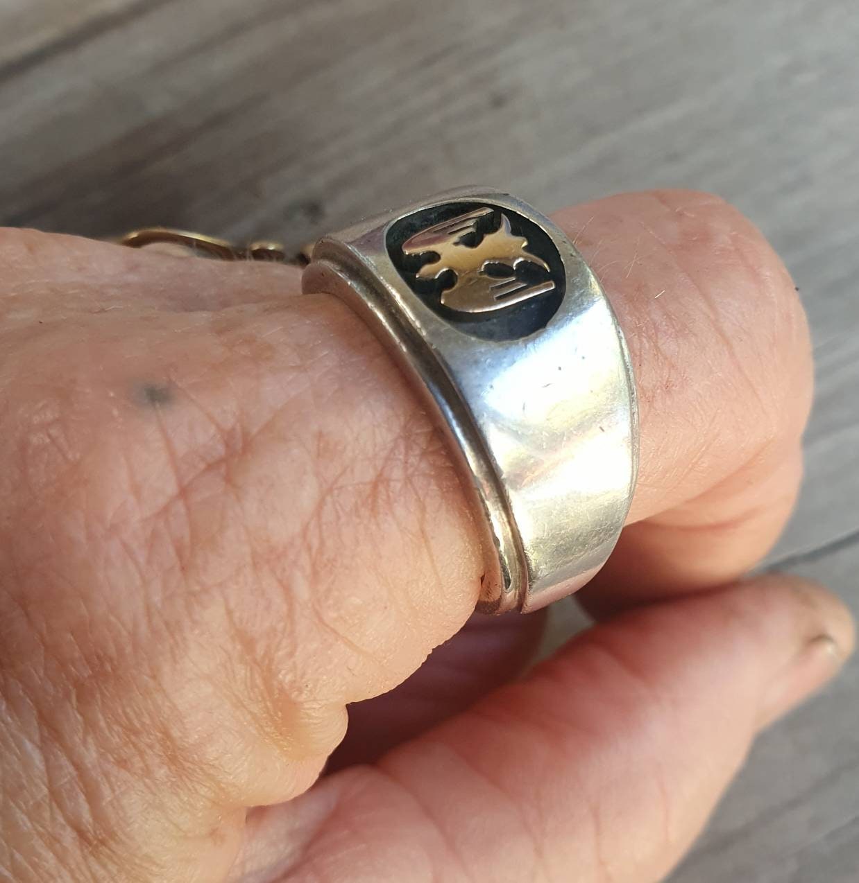 Gold eagle ring,10k phoenix 925 sterling silver band ,two tone wedding,gold eagle,mans dress ring,steampunk,