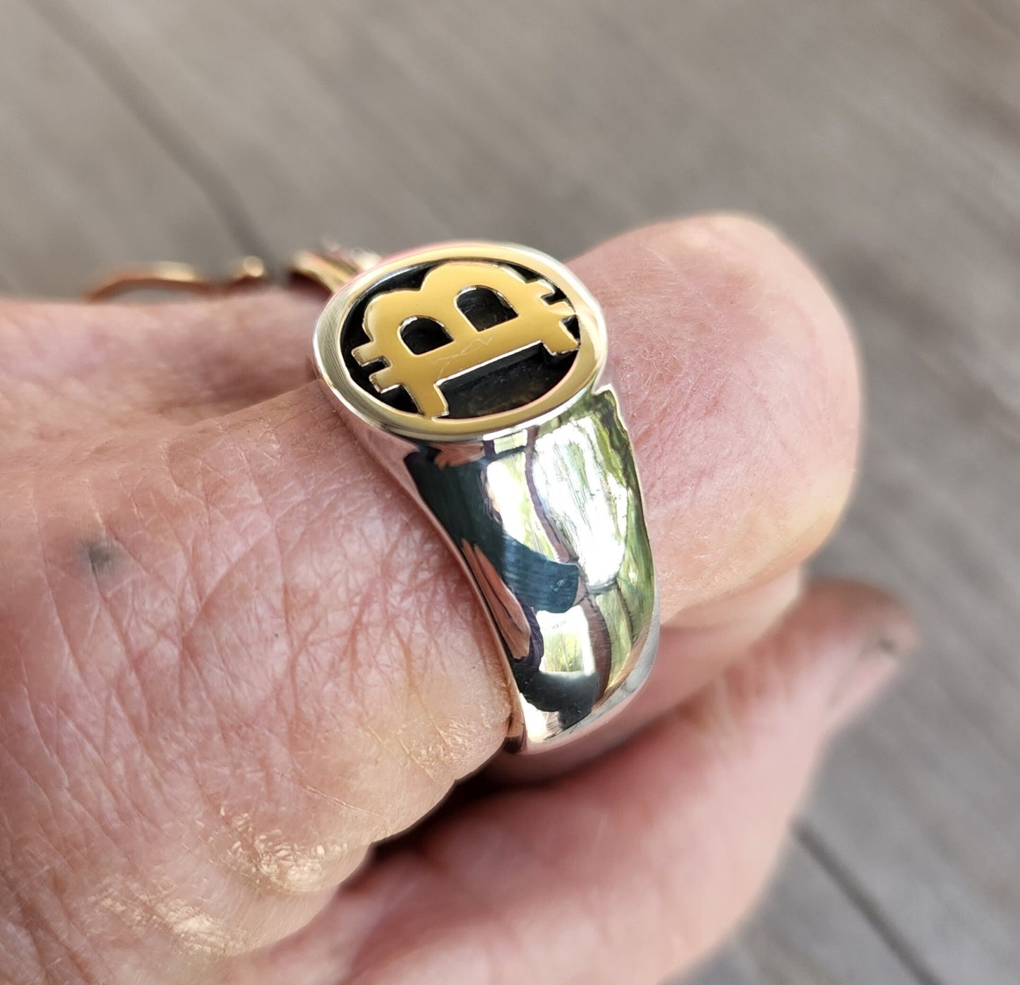 Bitcoin ring,9k gold and sterling silver,two tone,solid signet, chunky mens ring