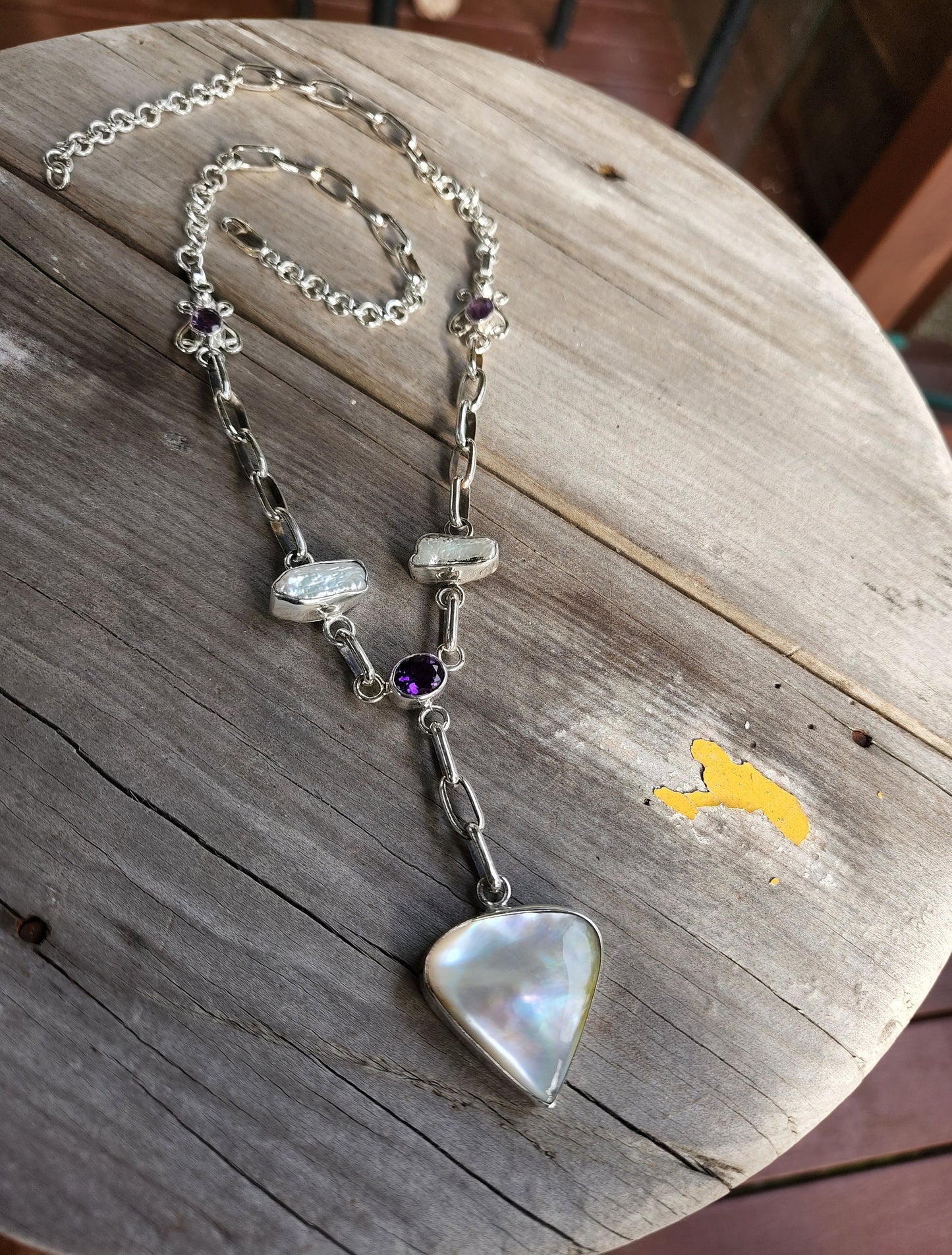 Silver Amethyst pearl necklace,925 solid sterling silver,mother of pearl,fob chain,boho, shic,handmade chain,goddess,bridal