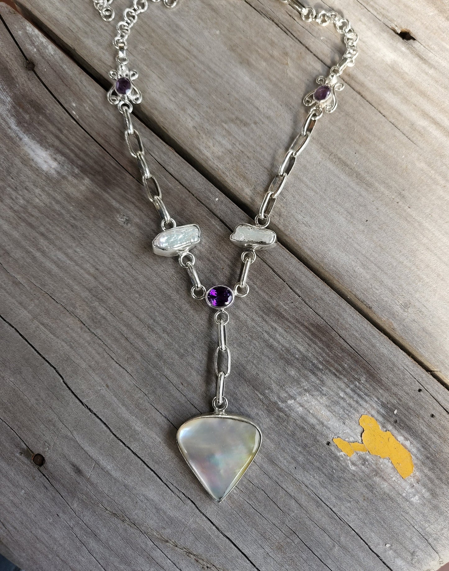 Silver Amethyst pearl necklace,925 solid sterling silver,mother of pearl,fob chain,boho, shic,handmade chain,goddess,bridal
