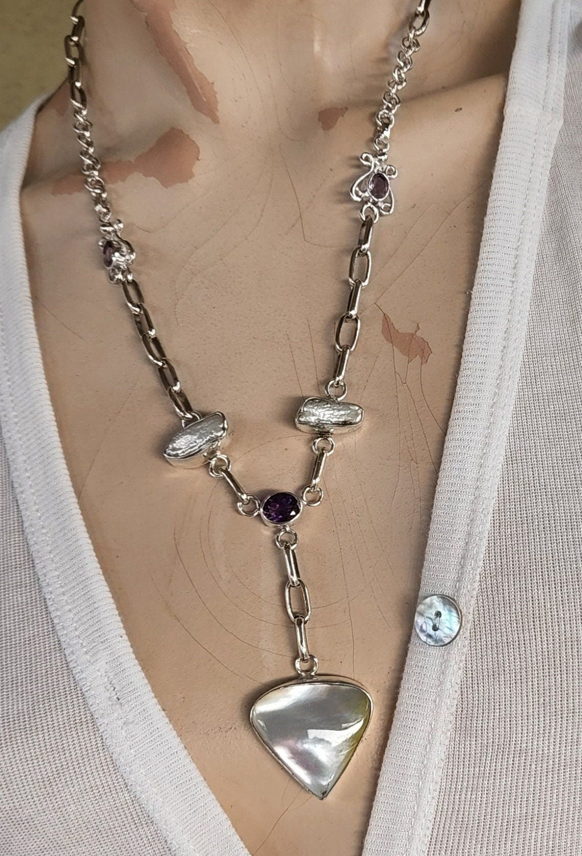 Silver Amethyst pearl necklace,925 solid sterling silver,mother of pearl,fob chain,boho, shic,handmade chain,goddess,bridal