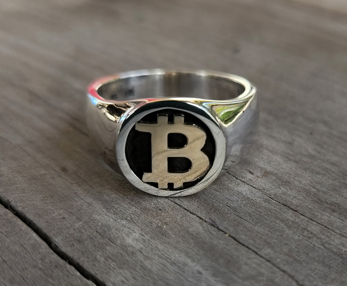 Bitcoin ring,9k gold and sterling silver,two tone,solid signet, chunky mens ring