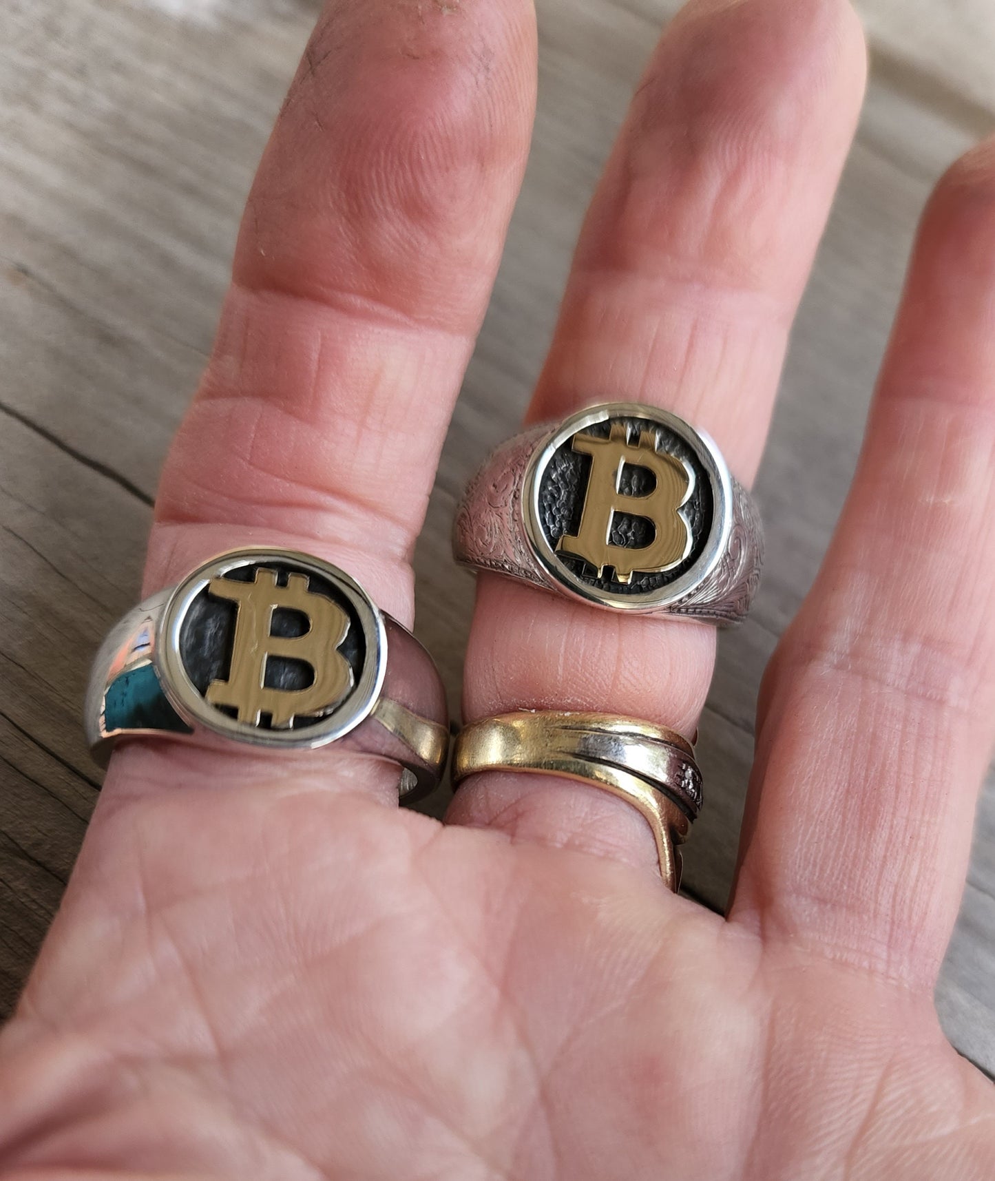 Bitcoin ring,9k gold and sterling silver,two tone,solid signet, chunky mens ring