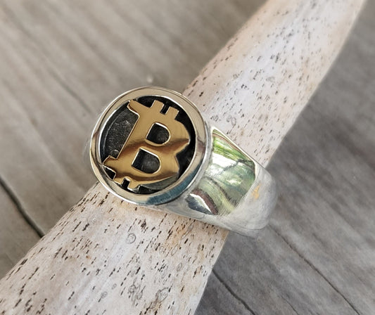 Gold and silver Bitcoin ring,9k and 925 sterling silver,two tone solid signet, unisex ring,mixed metal