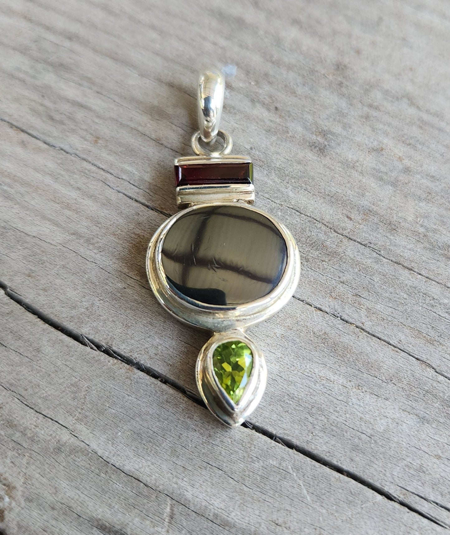 Gemstone pendant,solid sterling silver,set with hemitite, peridot,garnet,art deco,boho,