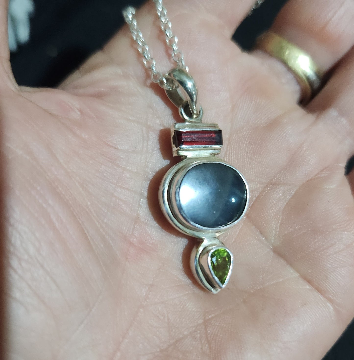 Gemstone pendant,solid sterling silver,set with hemitite, peridot,garnet,art deco,boho,