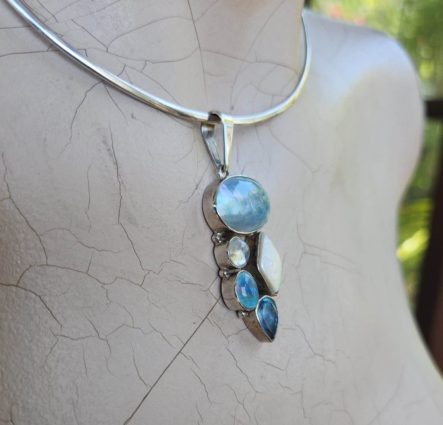Gemstone pendant,sterling silver,set with pearl,moonstone, topaz,opal,goddess,boho,