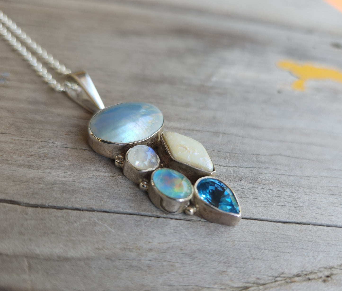 Gemstone pendant,sterling silver,set with pearl,moonstone, topaz,opal,goddess,boho,