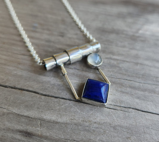 Lapis lazuli pendant,sterling silver,set with lapis and moonstone, art deco,boho,