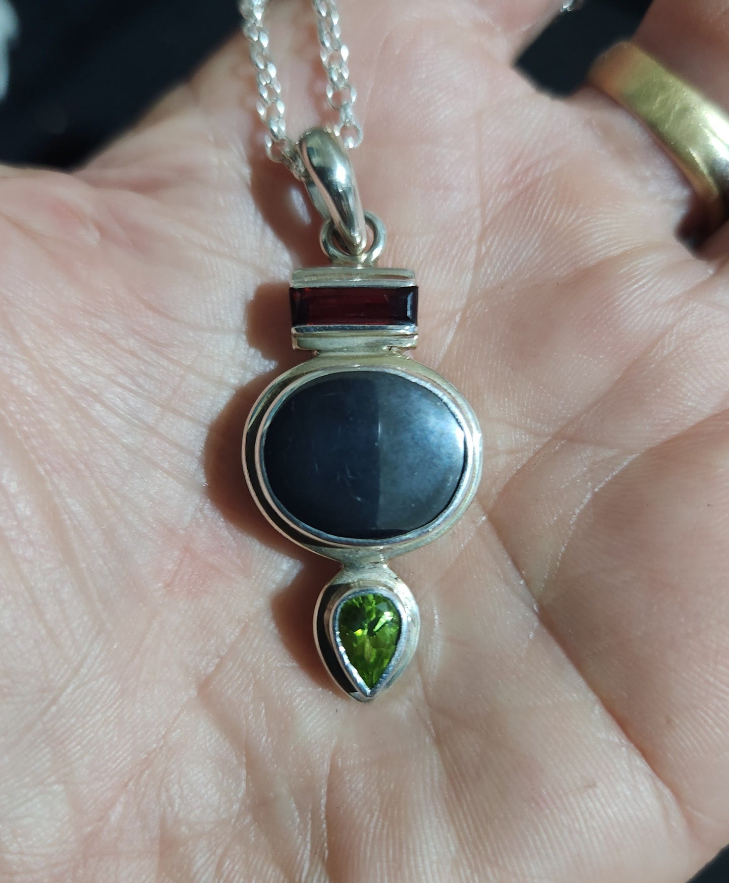 Gemstone pendant,solid sterling silver,set with hemitite, peridot,garnet,art deco,boho,