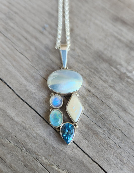 Gemstone pendant,sterling silver,set with pearl,moonstone, topaz,opal,goddess,boho,