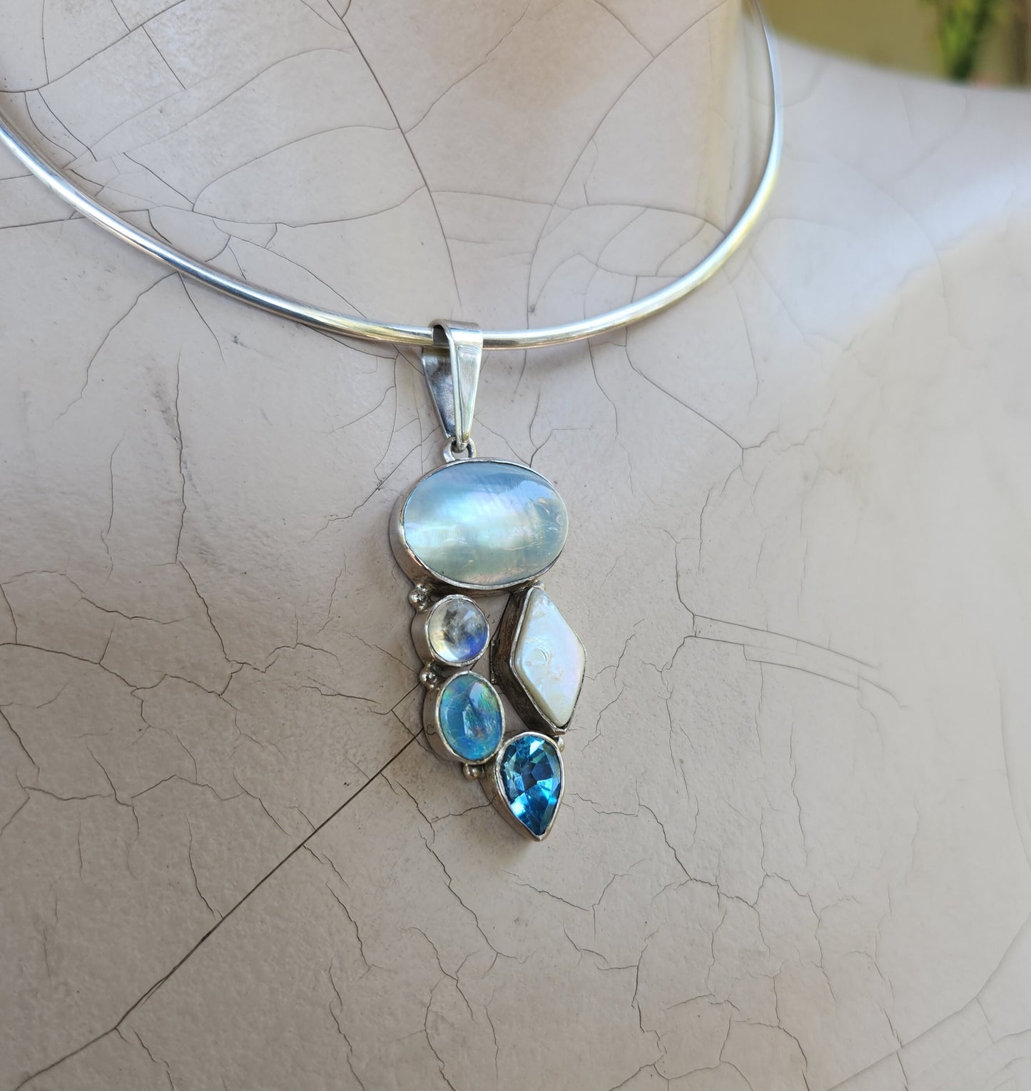Gemstone pendant,sterling silver,set with pearl,moonstone, topaz,opal,goddess,boho,