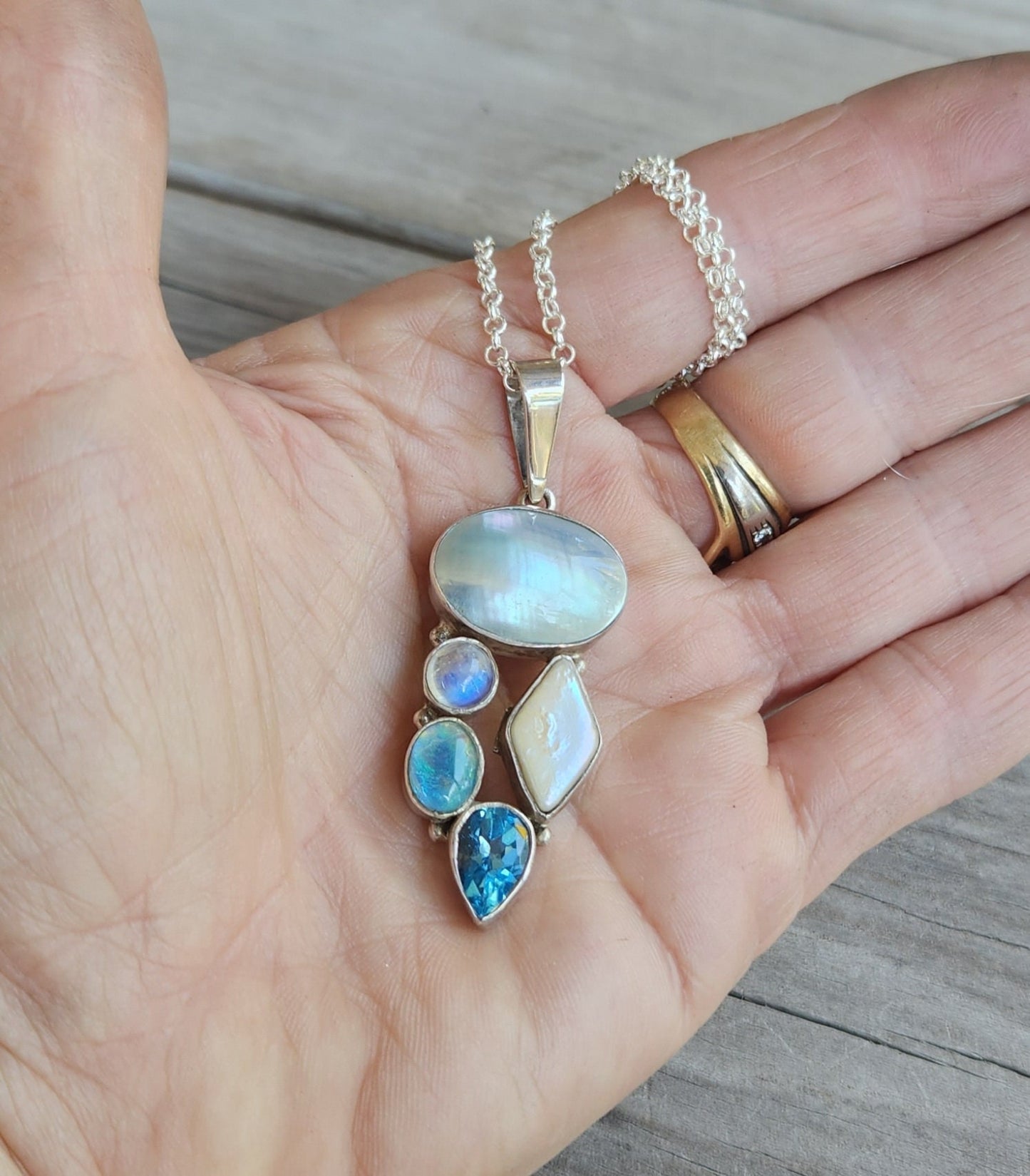 Gemstone pendant,sterling silver,set with pearl,moonstone, topaz,opal,goddess,boho,