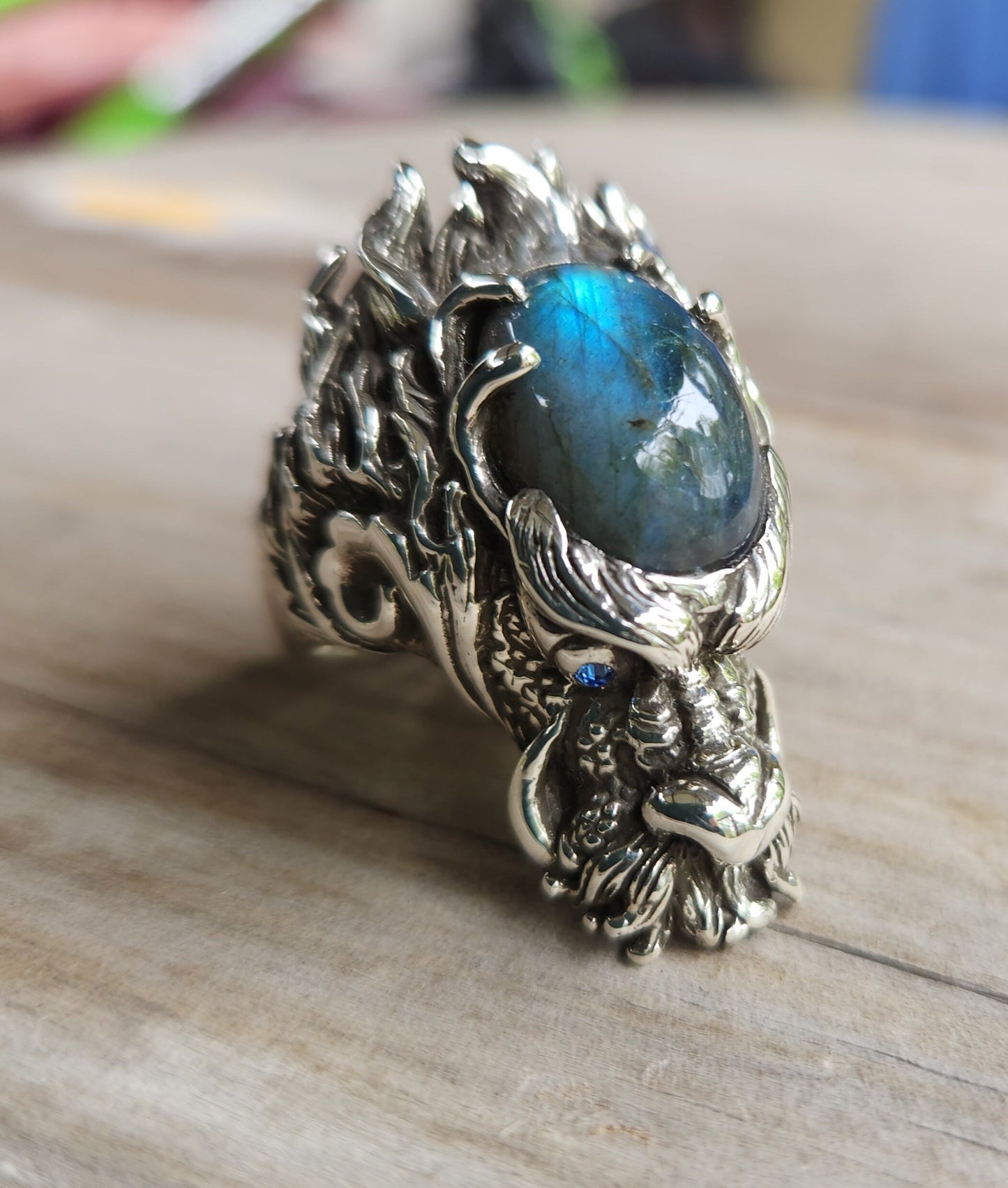 dragon ring,labradorite,large sterling silver dragon,chunky,geiger,steampunk,mythical dragon, chinese dragon,Labrodite,