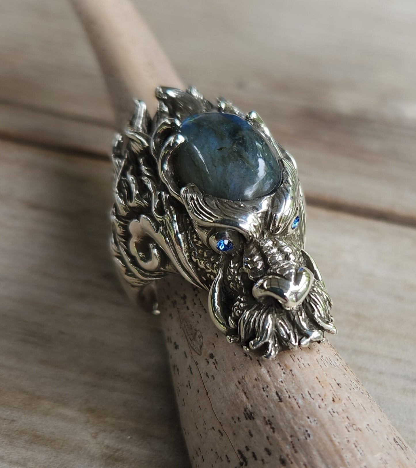 dragon ring,labradorite,large sterling silver dragon,chunky,geiger,steampunk,mythical dragon, chinese dragon,Labrodite,