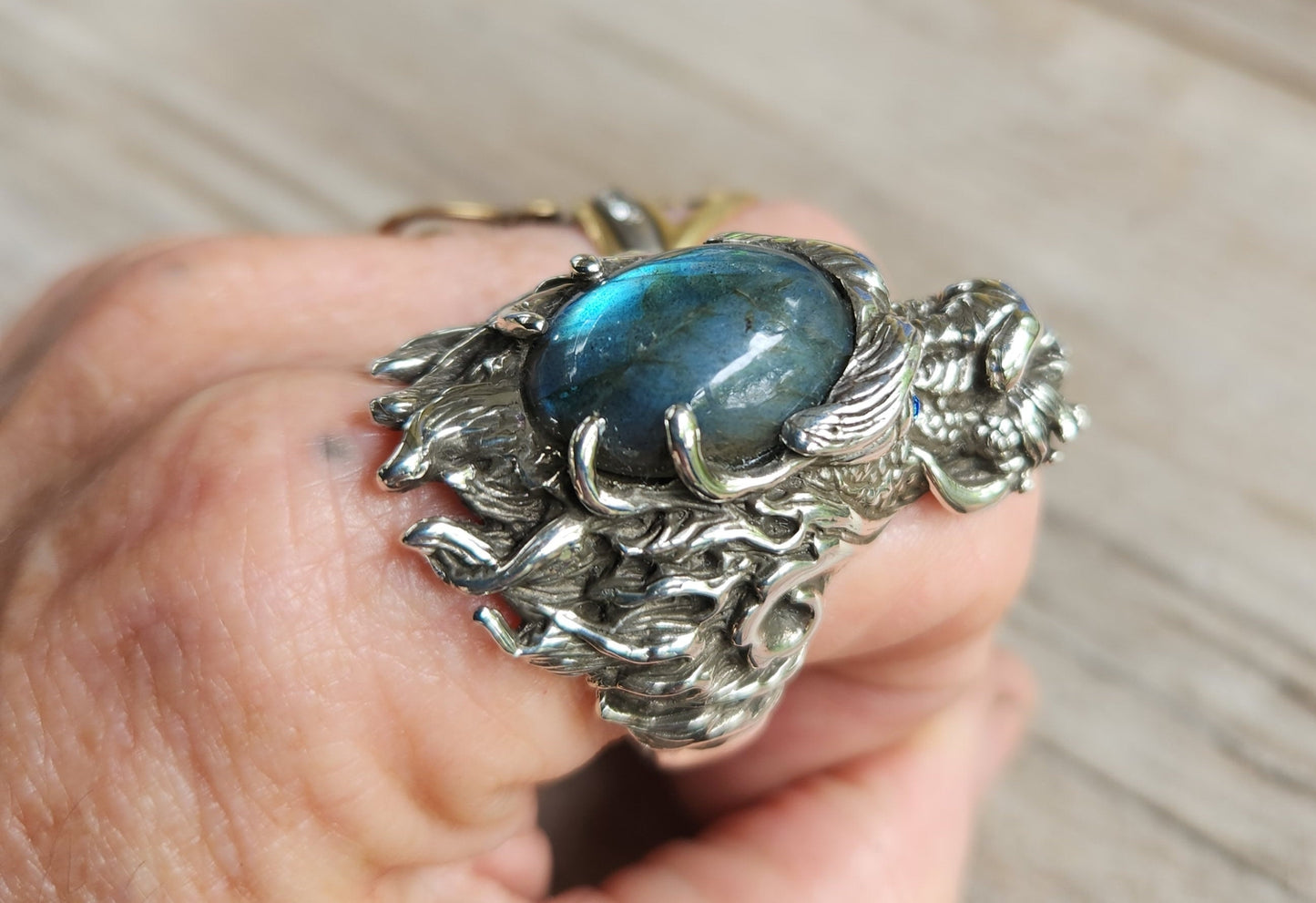 dragon ring,labradorite,large sterling silver dragon,chunky,geiger,steampunk,mythical dragon, chinese dragon,Labrodite,