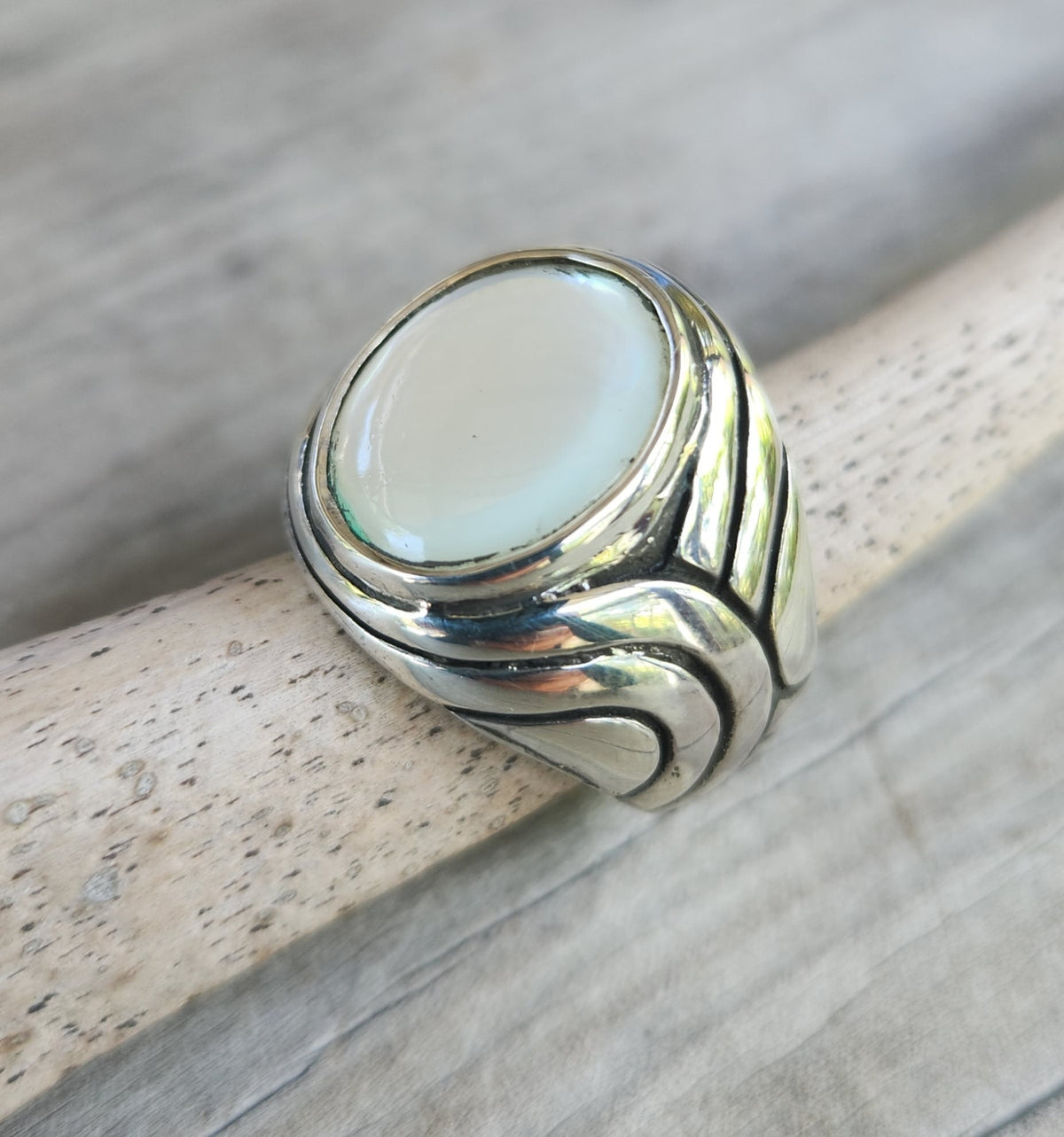 White stone ring,mother of pearl,sterling silver,chunky,heavy and solid,modern bespoke,boho,mans  dress wedding dress ring