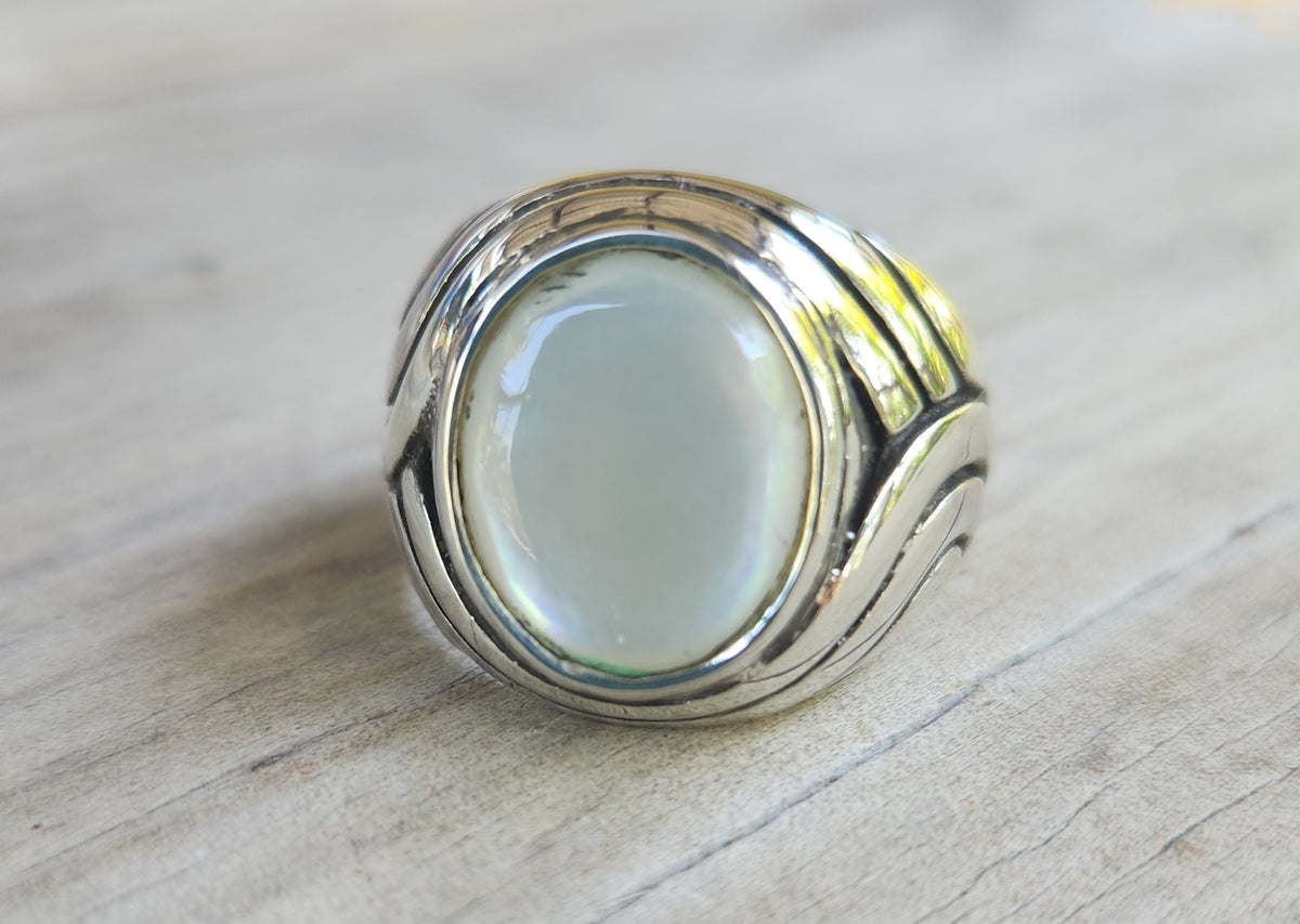 White stone ring,mother of pearl,sterling silver,chunky,heavy and solid,modern bespoke,boho,mans  dress wedding dress ring