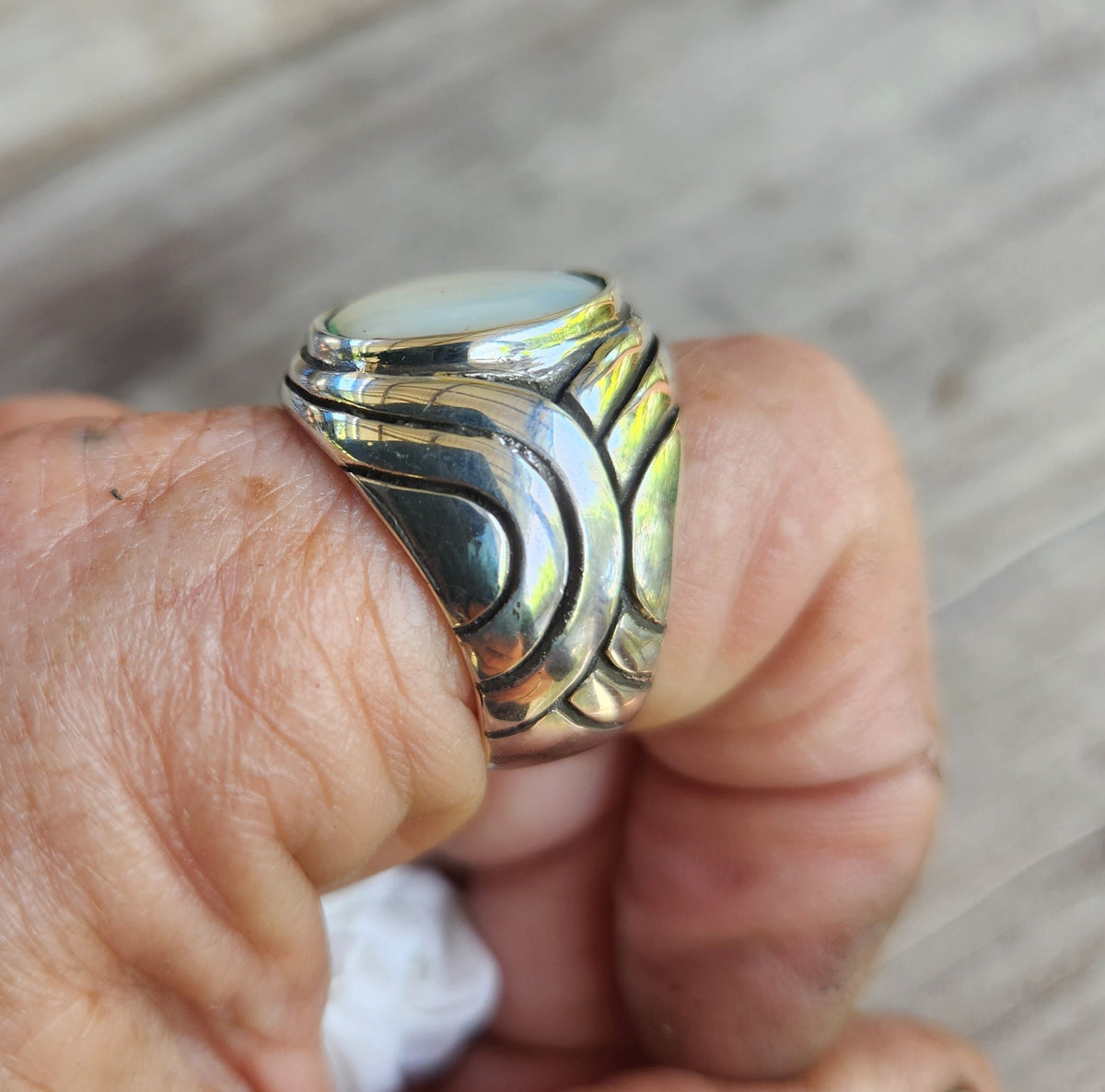 White stone ring,mother of pearl,sterling silver,chunky,heavy and solid,modern bespoke,boho,mans  dress wedding dress ring