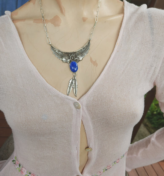 Large lapis lazuli necklace, feather, sterling silver, Navajo Indian style,tribal,boho shic,handmade,stone pendant,goddess,gypsy,ethic,hippy