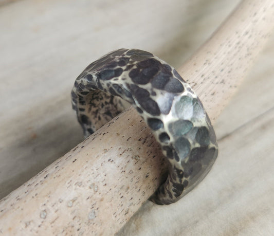 Wide thick rustic mens ring,10mm sterling silver Chunky oxidized hammered ring,heavy,nugget,steampunk, wedding dress ring