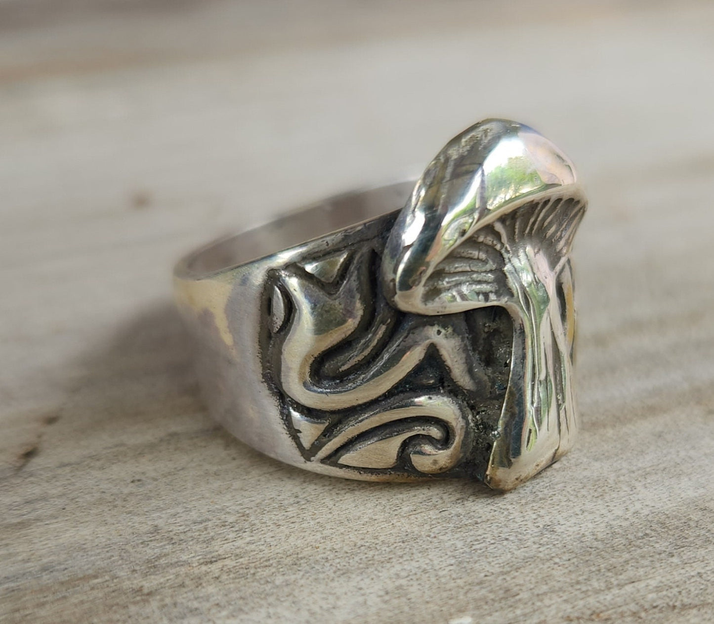 Mushroom ring sterling silver, mans solid band,ceremony,woodland  pagan wide heavy handmade toadstill ring nature medicine wedding ring
