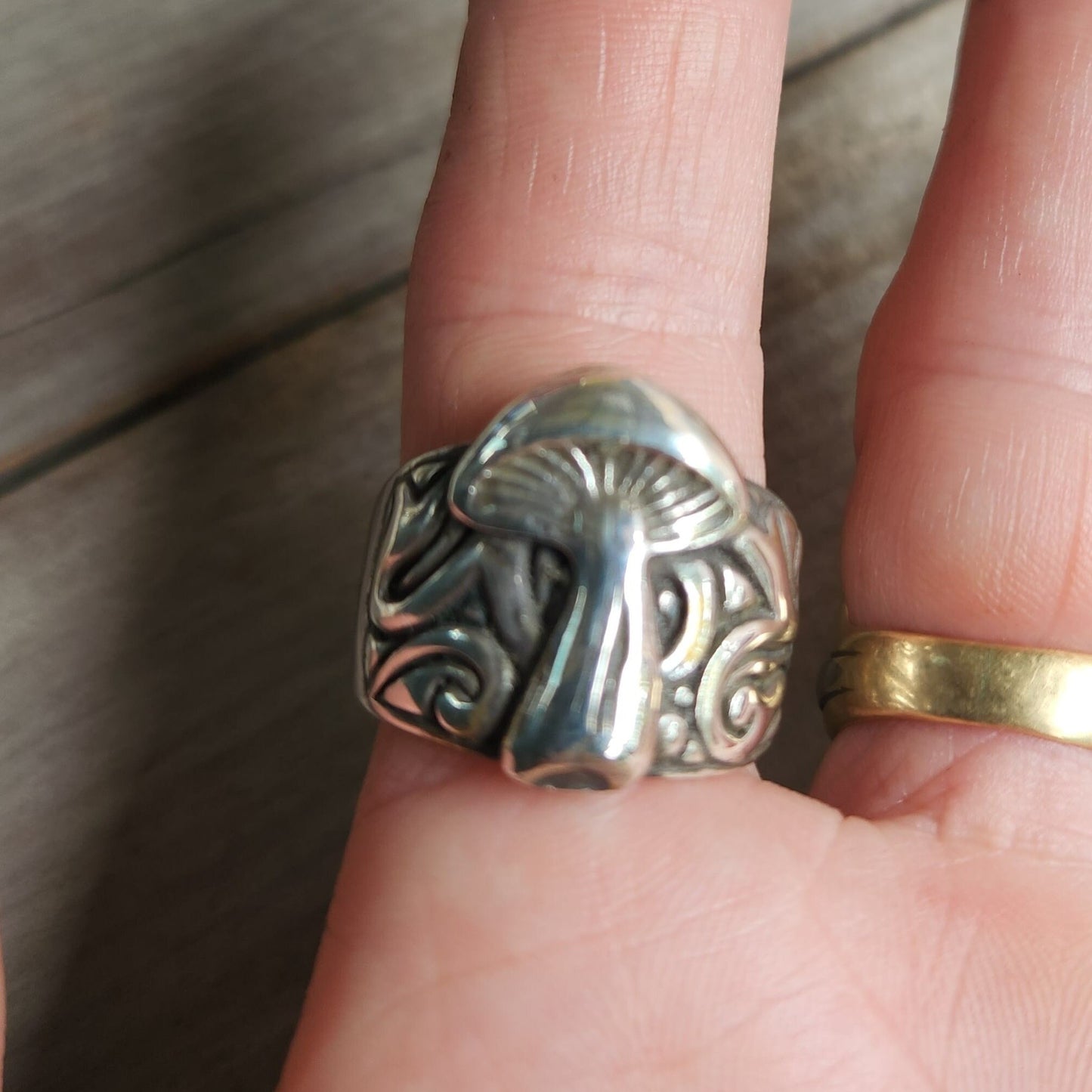 Mushroom ring sterling silver, mans solid band,ceremony,woodland  pagan wide heavy handmade toadstill ring nature medicine wedding ring
