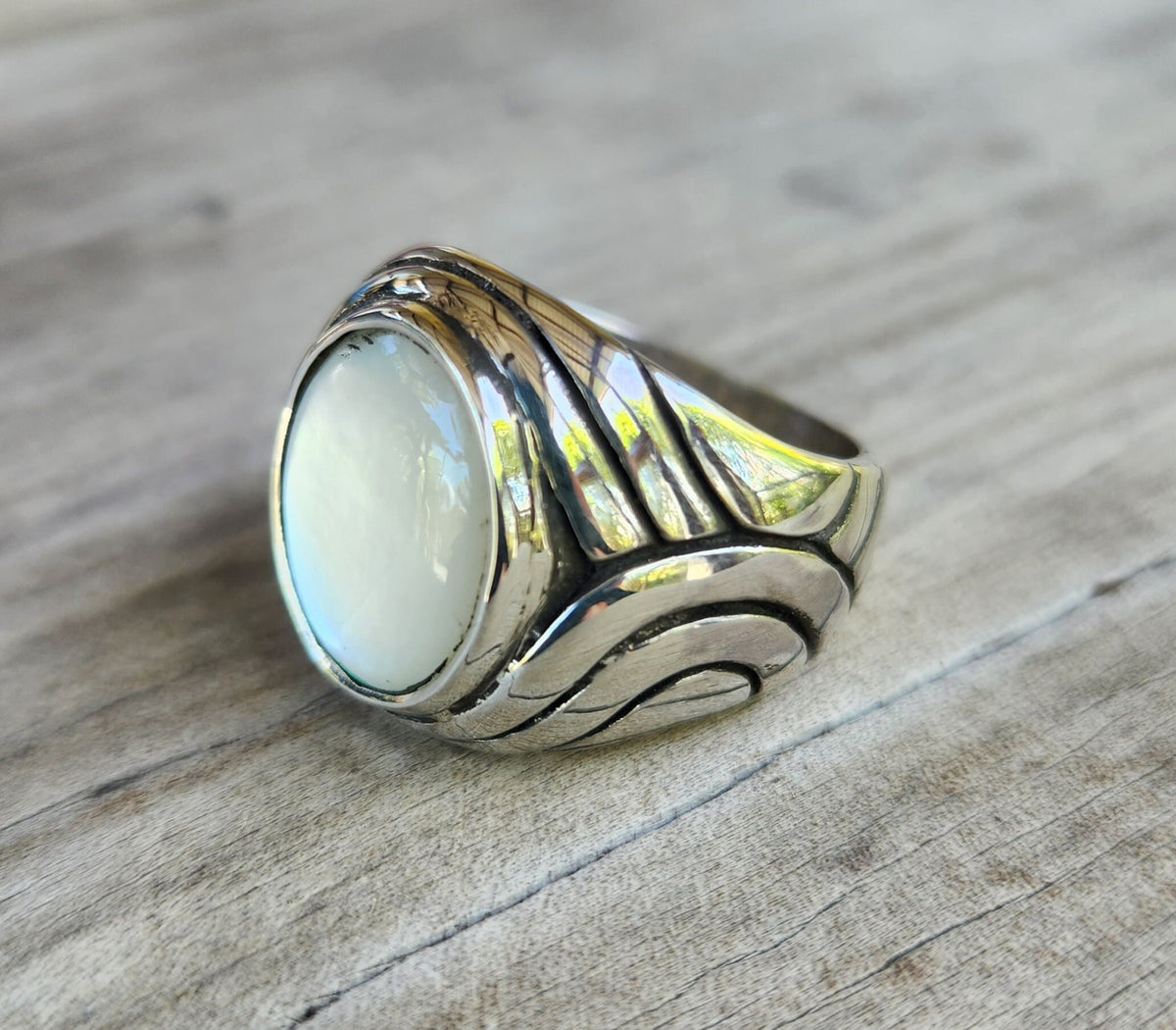 White stone ring,mother of pearl,sterling silver,chunky,heavy and solid,modern bespoke,boho,mans  dress wedding dress ring