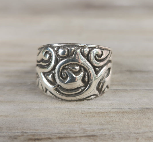 Wide silver band,sterling silver ring,ornate solid  scroll, modern dress ring,unisex wedding band,chunky silver ring