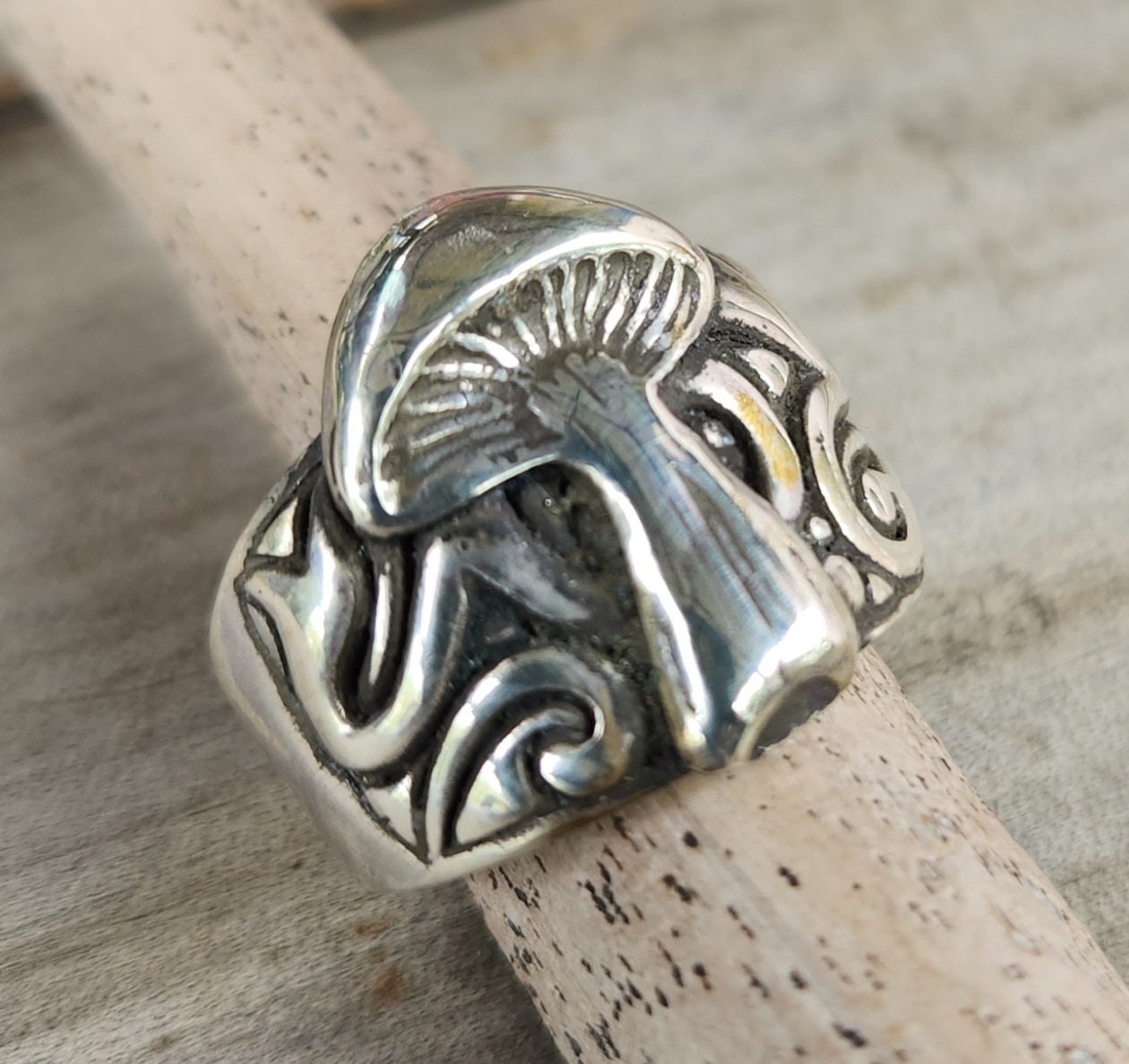 Mushroom ring sterling silver, mans solid band,ceremony,woodland  pagan wide heavy handmade toadstill ring nature medicine wedding ring