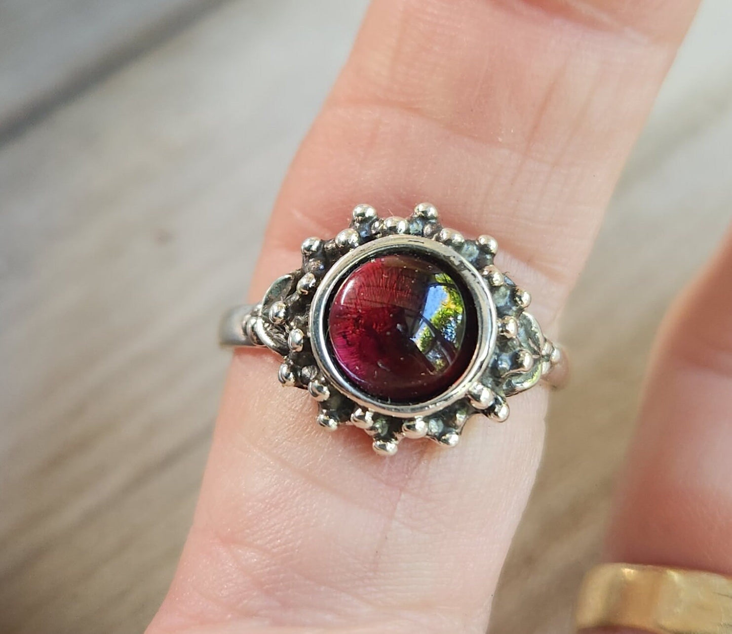Two tone Garnet ring,9k and sterling silver, handmade mixed metal, goddess,boho,solitare,ball ring