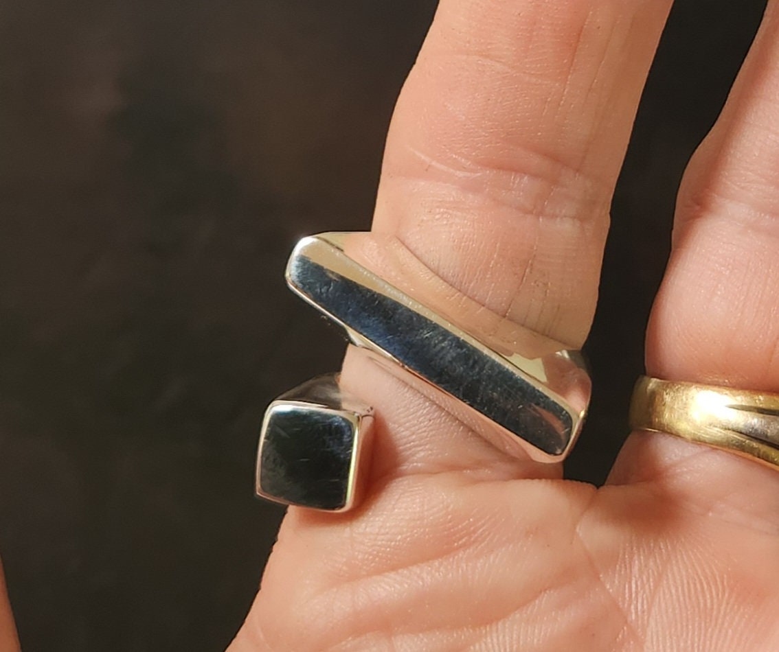 Silver chunky plain ring,rectangle solid sterling silver thick,handmade,boho,blank  modern industrial band